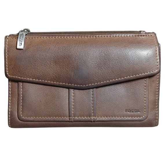 Fossil Brown Leather Wallet Clutch Multiple Slots Snap Zip Closures Organizer - Picture 1 of 9